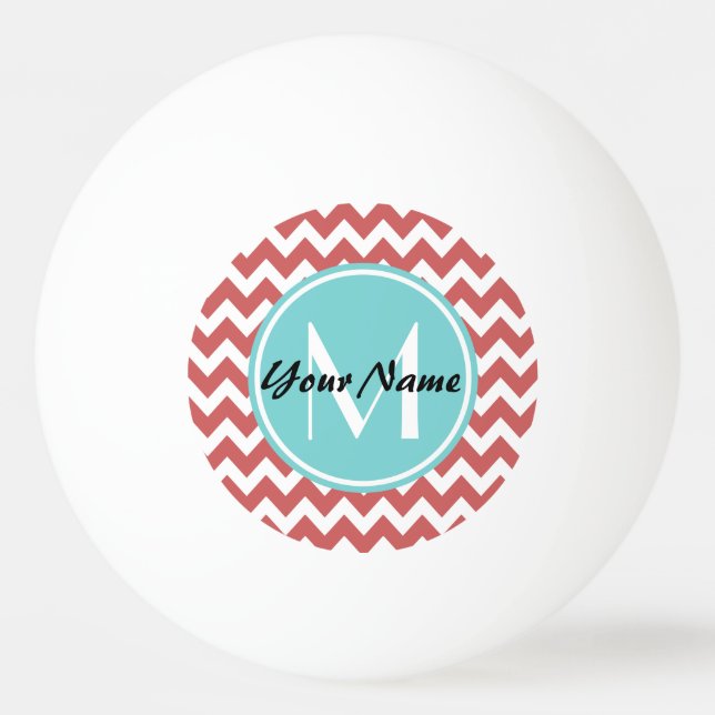 Coral Chevron Aqua Monogram, Personlig Pingisboll (Framsidan)