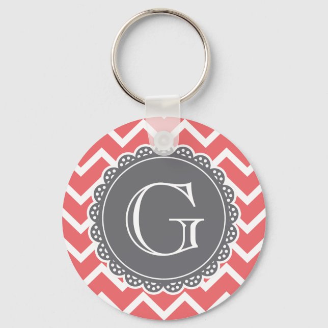 Coral Chevron Grått Monogram Nyckelring (Framsida)