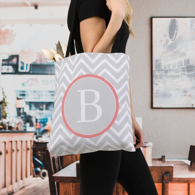Coral Chevron Monogram Tote Bag Tygkasse (Coral Chevron Monogram Tote Bag)