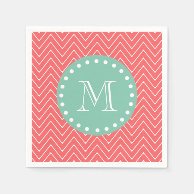 Coral Chevron Mönster | Mint Grönt Monogram Pappersservett (Framsidan)