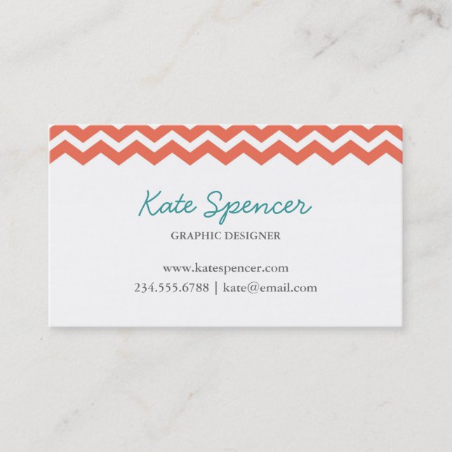Coral Chevron och Polka Dot Visitkort (Framsida)