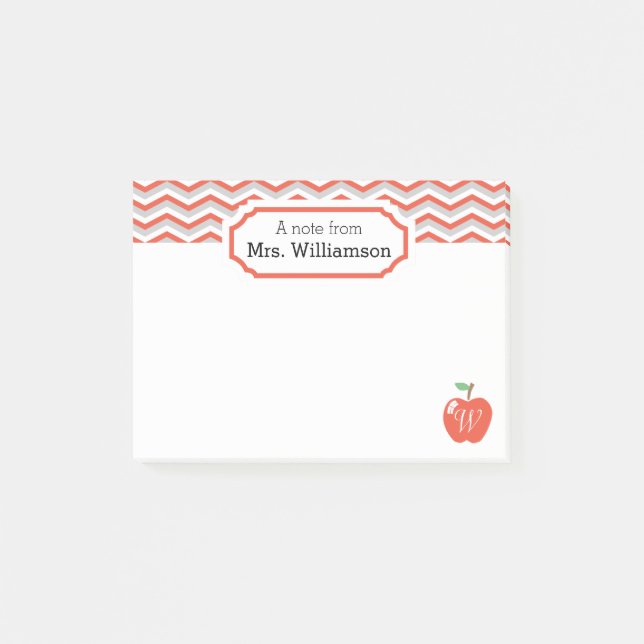 Coral Chevron Peach/Apple Monogrammed Teacher Note Post-it Block (Framsida)