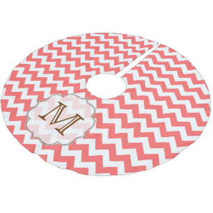 Coral Chevron Rand Monogram Initial Träd Skirt Julgransmatta Borstad Polyester