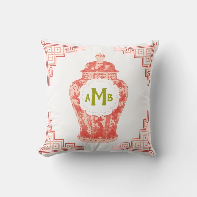 Coral Chinoiserie Ginger Burk Monogram Kudde (Framsida)