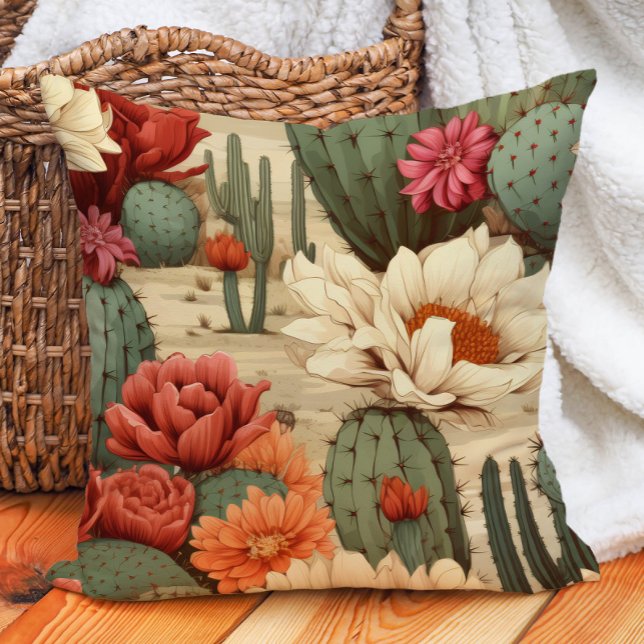 Coral Cream Red Blommigt Grönt Cactus Desert Garde Kudde (Desert cactus and succulents pillow)