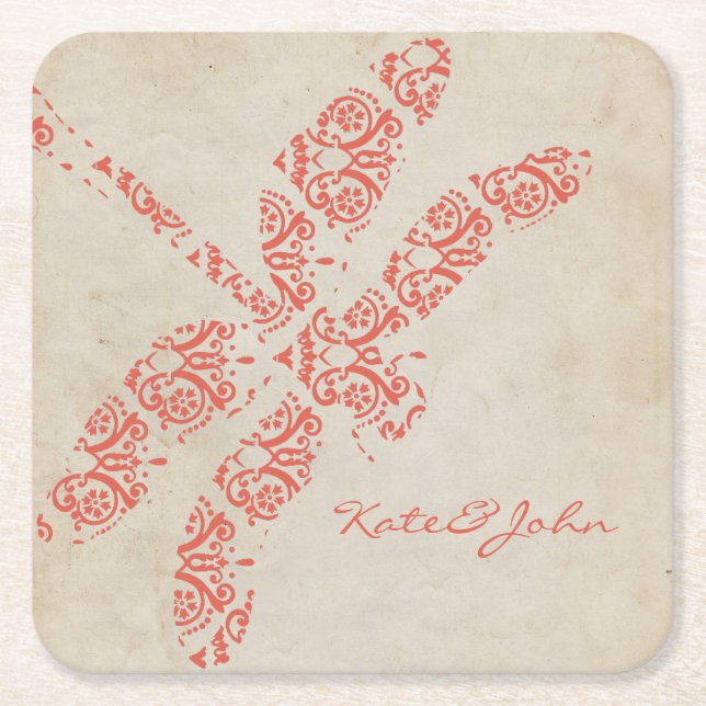 Coral Damask Dragonfly Bröllop Underlägg Papper Kvadrat (Framsidan)