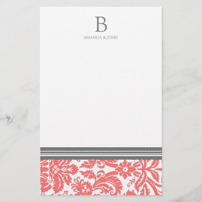 Coral Damask Wedding Monogram Stationery Brevpapper (Framsida)