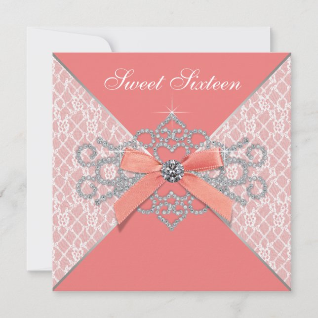 Coral Diamonds Coral Sweet 16 Födelsedagsfester Inbjudningar (Framsida)
