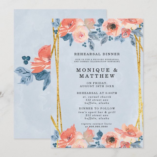 Coral Dusty Blue Guld Peony Rehearsal Dinner Inbjudningar (Fram/baksida)