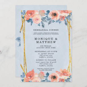 Coral Dusty Blue Guld Peony Rehearsal Dinner Inbjudningar