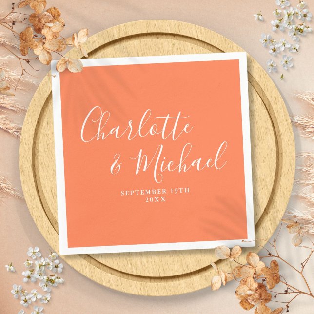 Coral Elegant Signature Script Bröllop Pappersservett (Coral Elegant Signature Script Wedding Napkins)