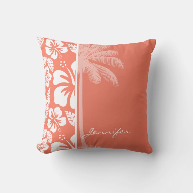 Coral Färg Tropical Hibiscus; Sommaren Handflatan Kudde (Framsida)