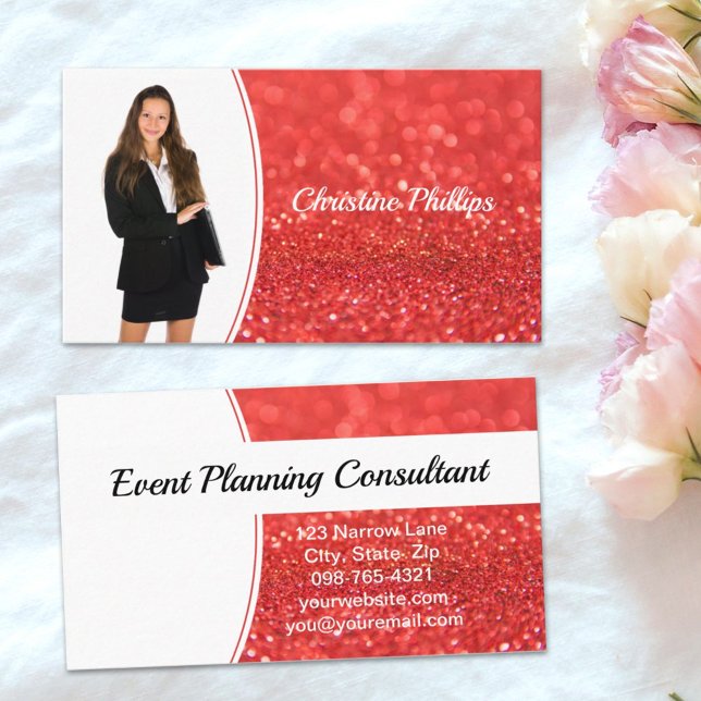 Coral Faux Glitter Professionell Photo Visitkort (Simply add photo and text on this faux glitter business card design.)