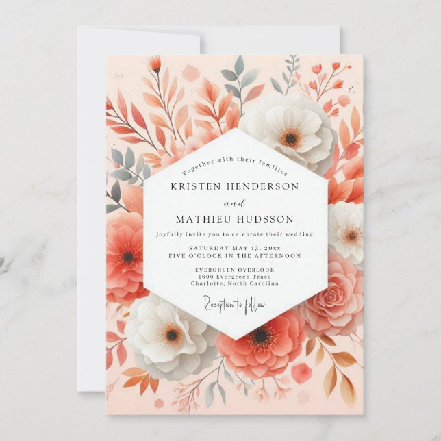 Coral Floral Bloom Romantic Wedding Inbjudningar (Framsida)