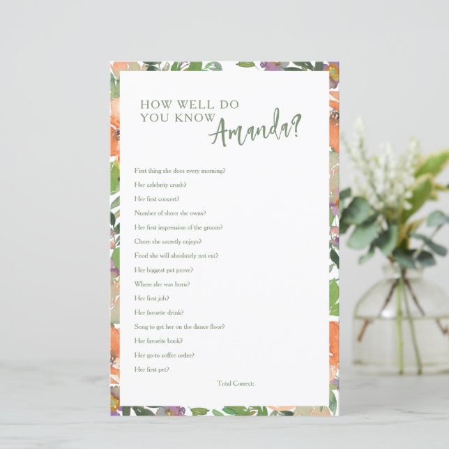 Coral Floral Bröllopsdusch Du Känner Bruden Spel (Stående Fram)