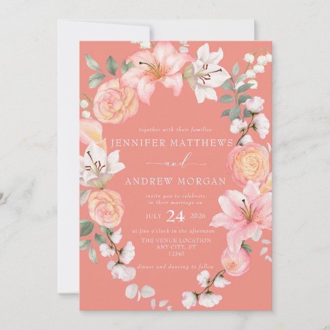 Coral Floral | Elegant Krans Bröllop Inbjudningar (Framsida)