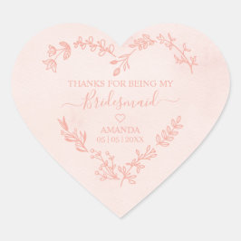 Coral Floral Heart Thanks for Being my Bridesmaid Hjärtformat Klistermärke