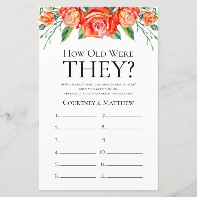 Coral Floral Hur gamla var de Bröllopsduschspel (Framsida)