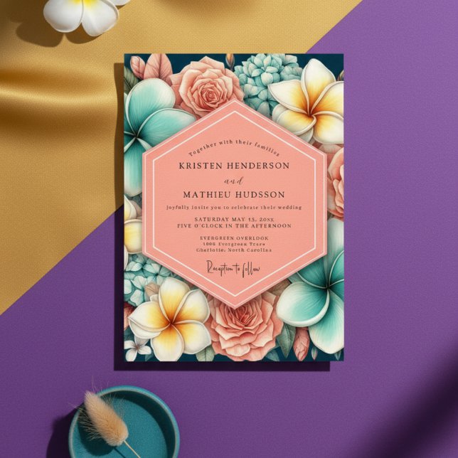 Coral Floral Romance Wedding Inbjudningar (Skapare uppladdad)