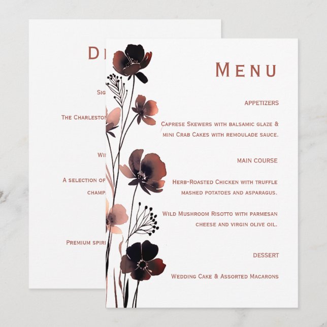 Coral Floral Wedding Meny (Fram/baksida)