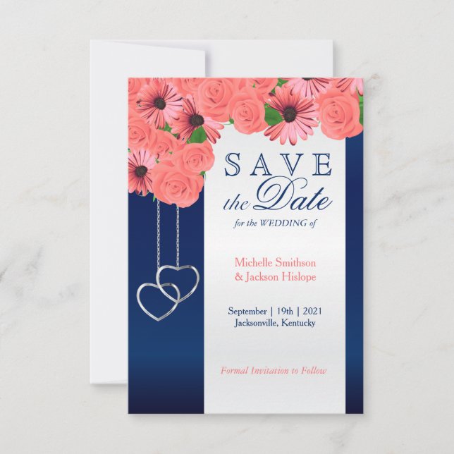 Coral Flowers and Navy Blue - Save Date Spara Datumet (Framsida)