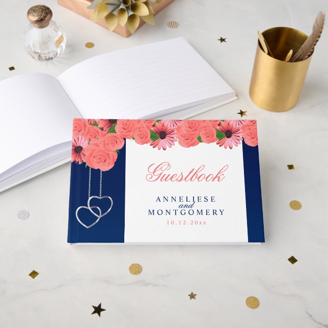 Coral Flowers och Navy Blue Gästböcker (Framsida öppen)