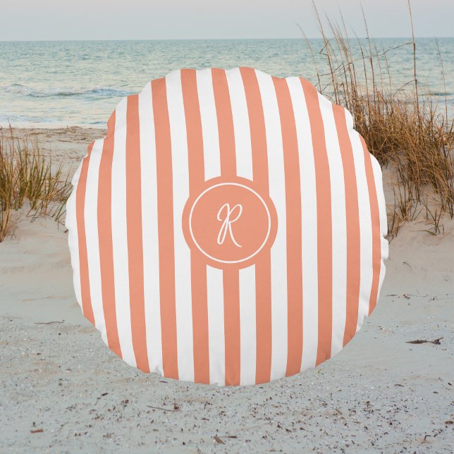 Coral Fransk Beach Rand Personlig Monogram Rund Kudde (Skapare uppladdad)