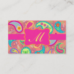 Coral Fuchsia Rosa Modern Paisley Monogram Visitkort