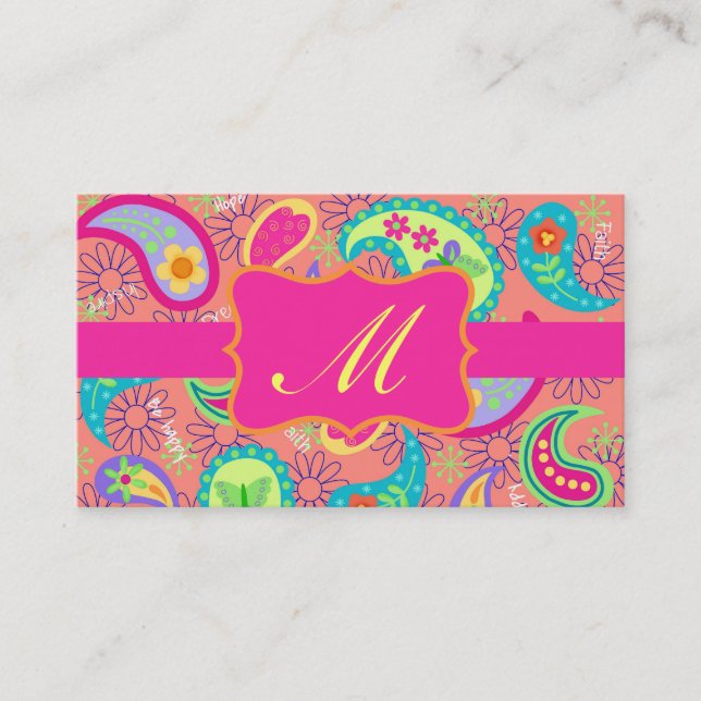 Coral Fuchsia Rosa Modern Paisley Monogram Visitkort (Framsida)