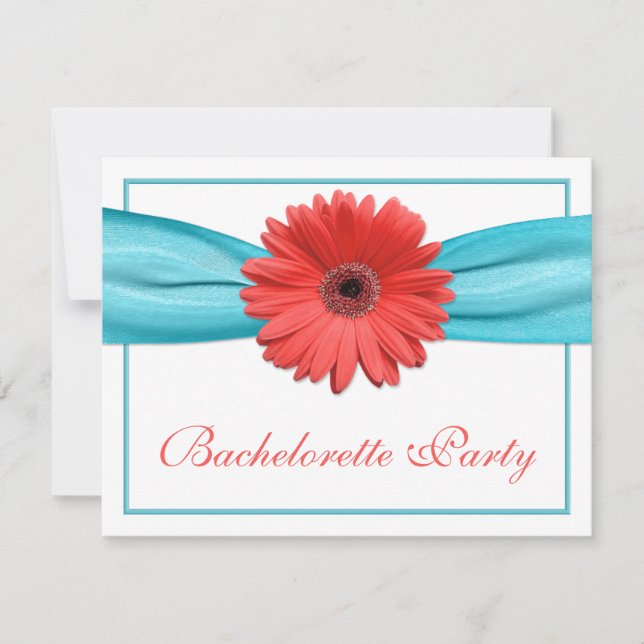 Coral Gerbera Daisy Aqua Ribbon Bachelorette Party Inbjudningar (Framsida)