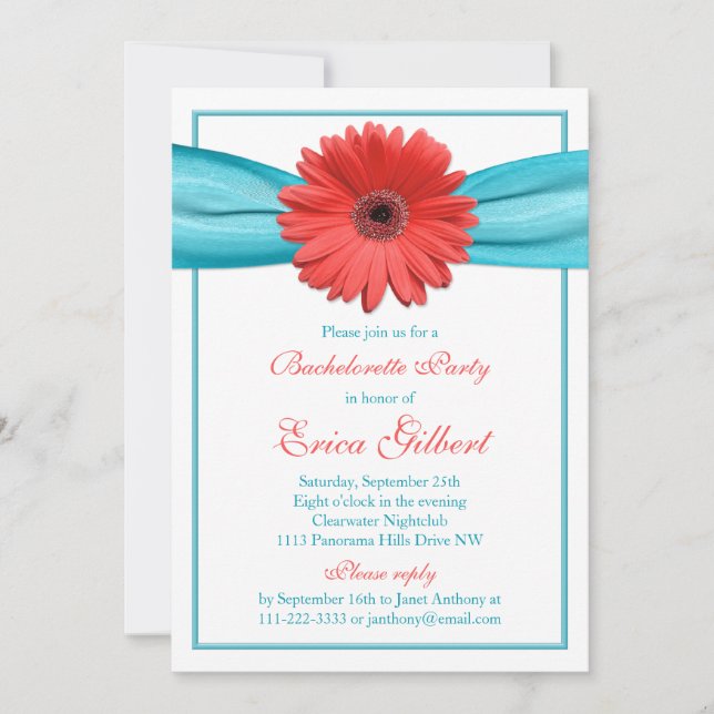 Coral Gerbera Daisy Aqua Ribbon Bachelorette Party Inbjudningar (Framsida)