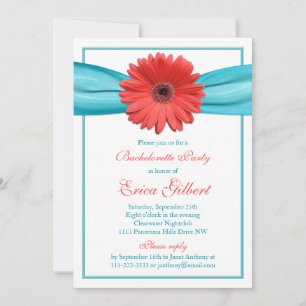Coral Gerbera Daisy Aqua Ribbon Bachelorette Party Inbjudningar