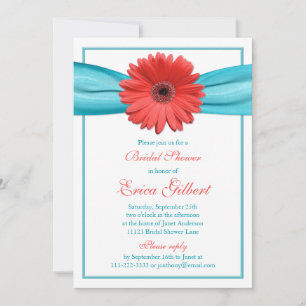 Coral Gerbera Daisy Aqua Ribbon Möhippa Inbjudningar