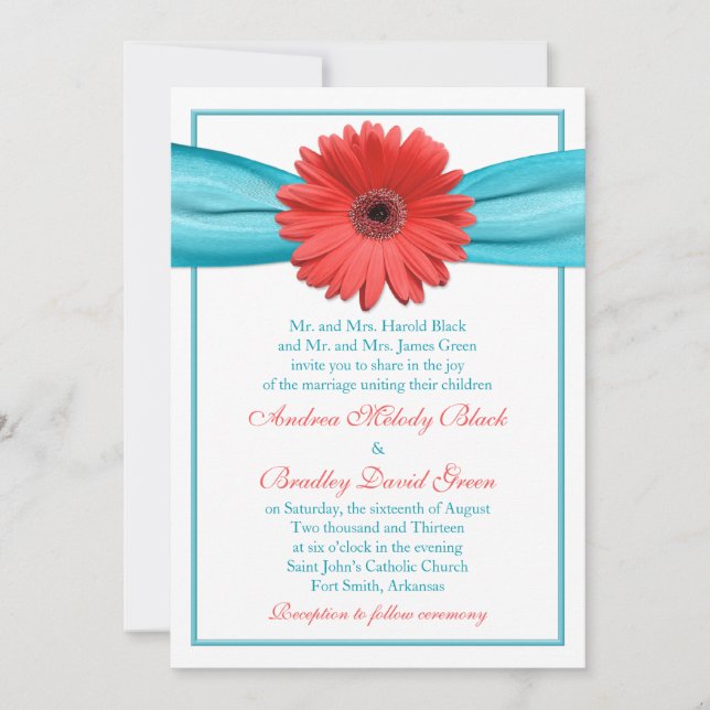 Coral Gerbera Daisy Aqua Ribbon Wedding bjudande Inbjudningar (Framsida)