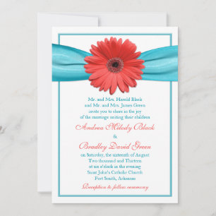 Coral Gerbera Daisy Aqua Ribbon Wedding bjudande Inbjudningar