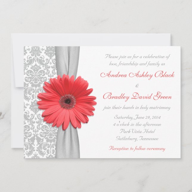 Coral Gerbera Daisy Grått Damask bröllopsinbjudan Inbjudningar (Framsida)