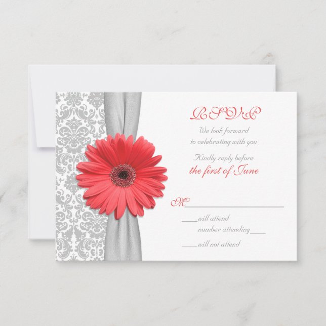 Coral Gerbera Daisy Grått Damask Wedding OSA kort (Framsida)