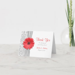 Coral Gerbera Daisy Grått Damask Wedding Tack Kort