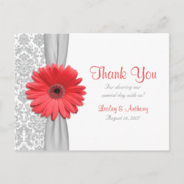 Coral Gerbera Daisy Grått Damask Wedding Tack Vykort
