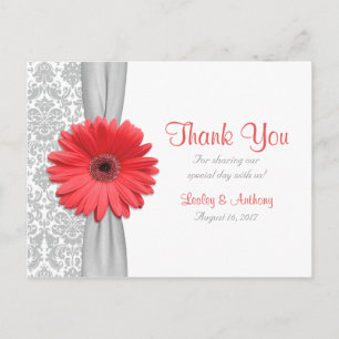 Coral Gerbera Daisy Grått Damask Wedding Tack Vykort