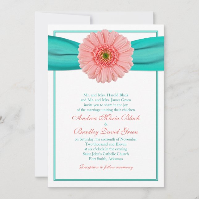 Coral Gerbera Turquise Ribbon Wedding bjudande Inbjudningar (Framsida)