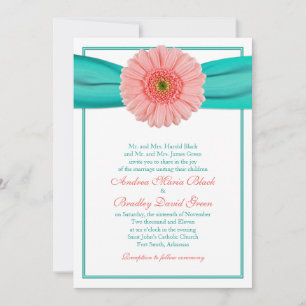 Coral Gerbera Turquise Ribbon Wedding bjudande Inbjudningar