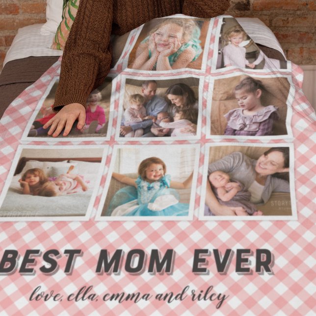  Coral Gingham Best Mamma någonsin Photo Collage Fleecefilt (Skapare uppladdad)