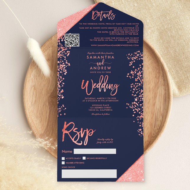 Coral glitter konetti marinblått bröllop (Coral glitter confetti navy blue wedding all in one invitation)