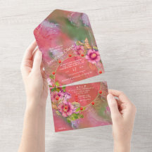Coral, Grass & Peony-rosa Blooms alla i en invita