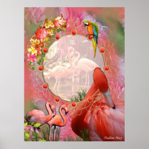 Coral, Grass, Peony-rosa Blooms & Flamingos Poster
