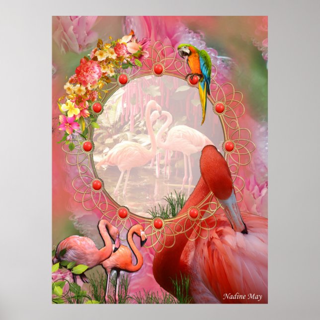 Coral, Grass, Peony-rosa Blooms & Flamingos Poster (Framsidan)
