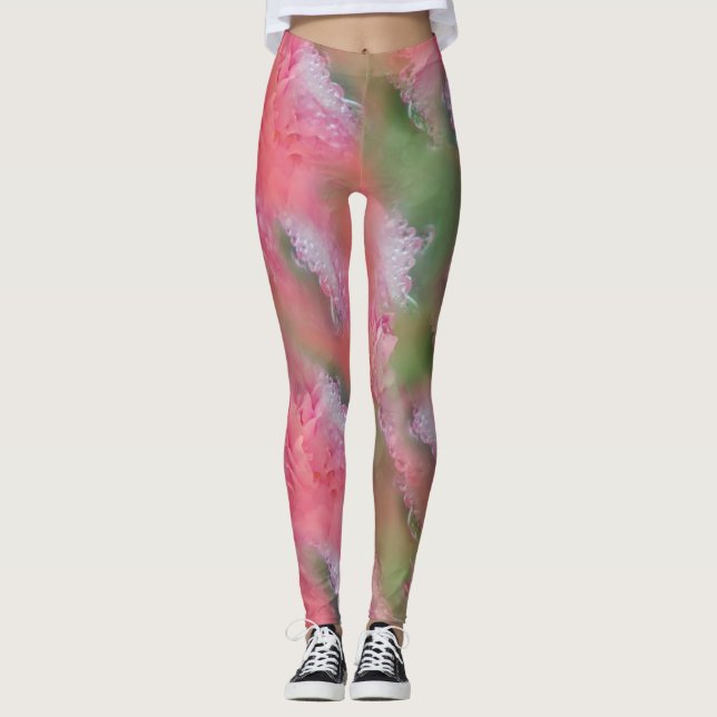 Coral, Grass & Peony-rosa Blooms Leggings (Framsida)