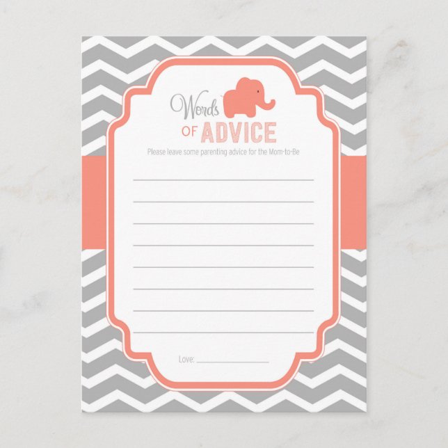 Coral Grått Chevron Elephant Baby Shower Advice Rådkort (Framsida)