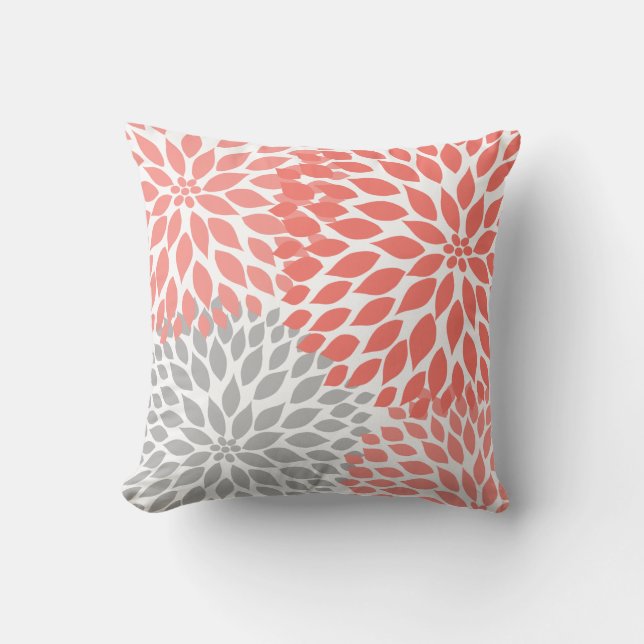 Coral Grått Dahlia-blommigt Kudde (Framsida)